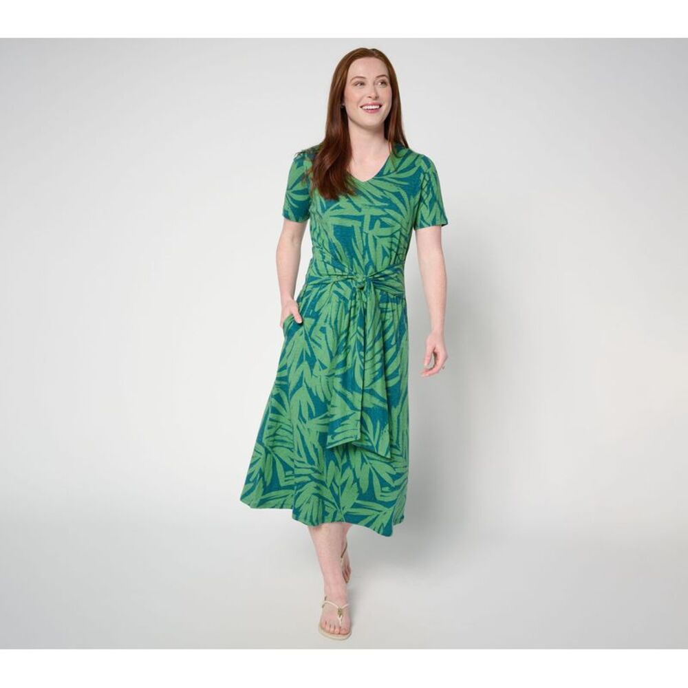 Wacoal Women's Petite Dress PM Denim & Co. Tie Waist Midi Pockets Green A694888